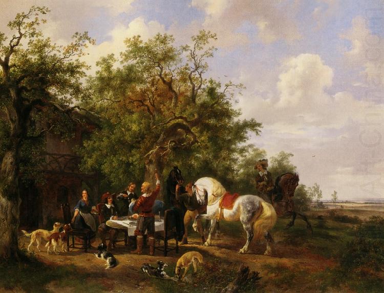 Compagny with horses and dogs at an inn, Wouterus Verschuur